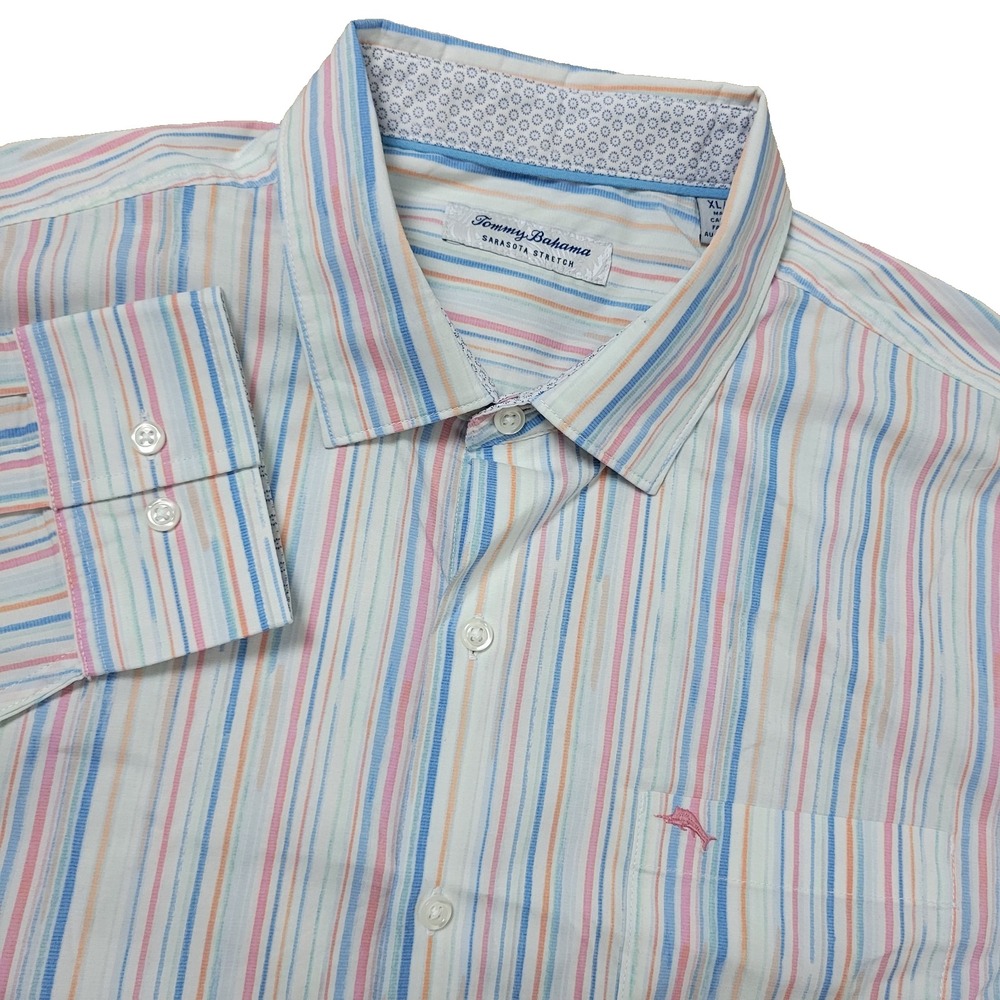 Tommy Bahama Sarasota Stretch Mens XL Multicolor Striped Button Down Long Sleeve